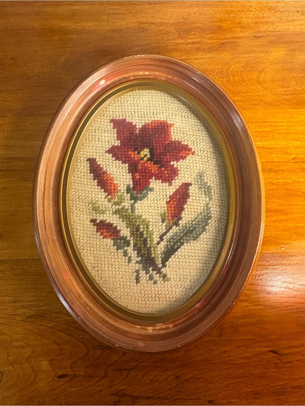 Vintage Framed Red Floral Needlepoint Wall Accent